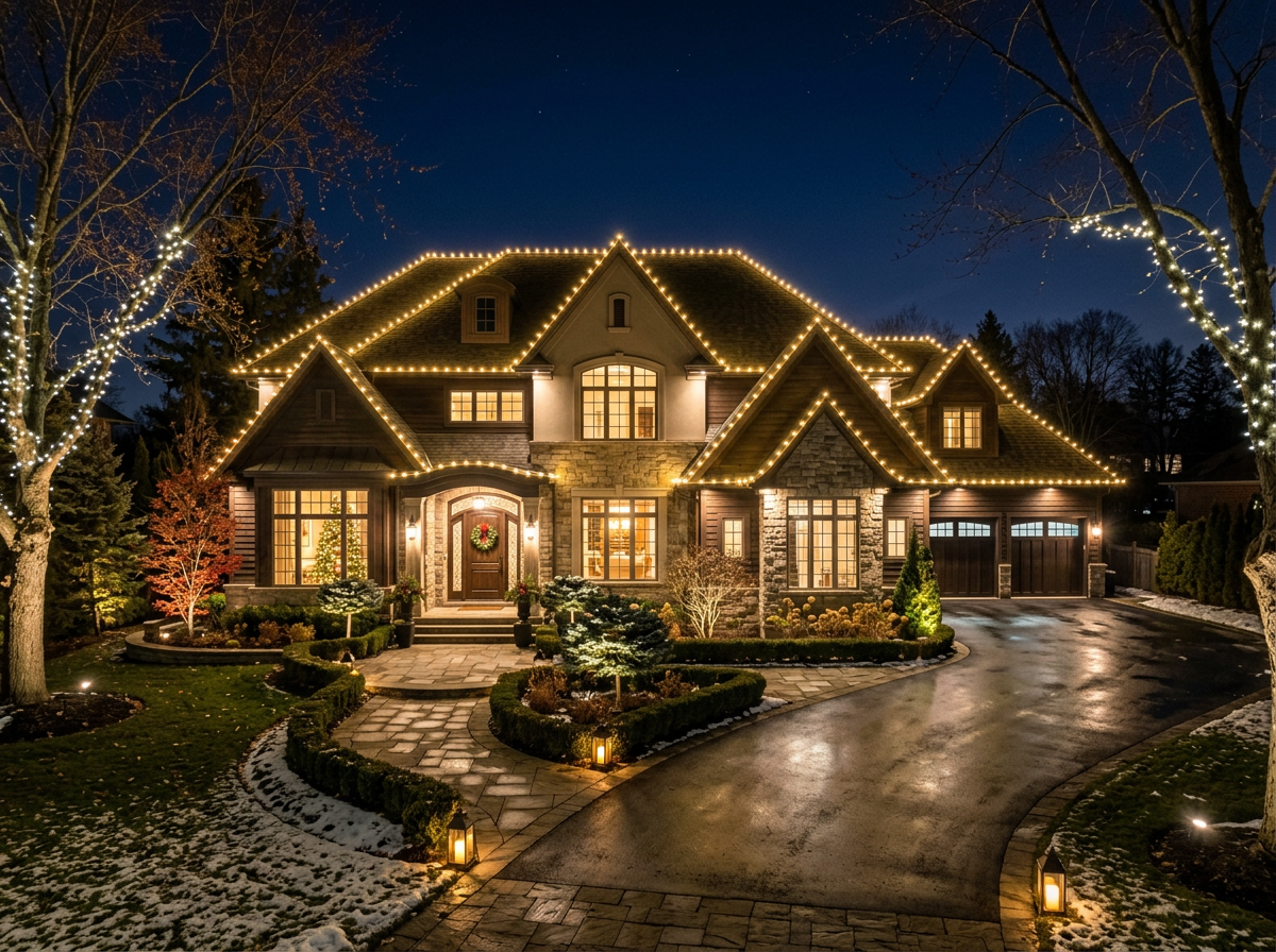 Luxury two-story home with warm white roofline lighting