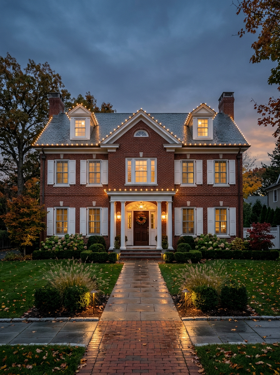 Traditional brick home with warm white C9 lighting