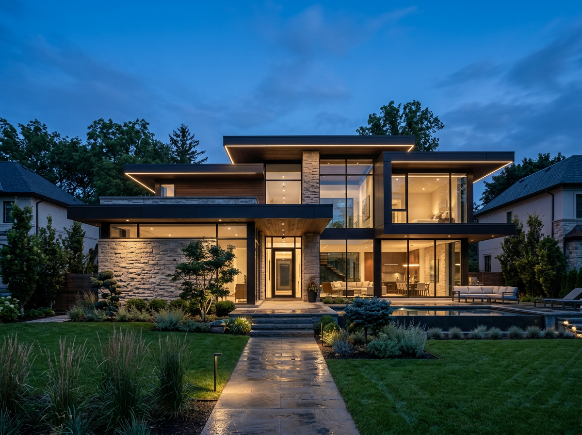 Modern home with minimal roofline lighting